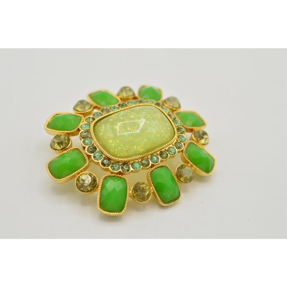 Statement Pin Brooch Multi-Tone Green Rhinestone Jeweled Opaline Gold Tone BinF - Picture 5 of 9